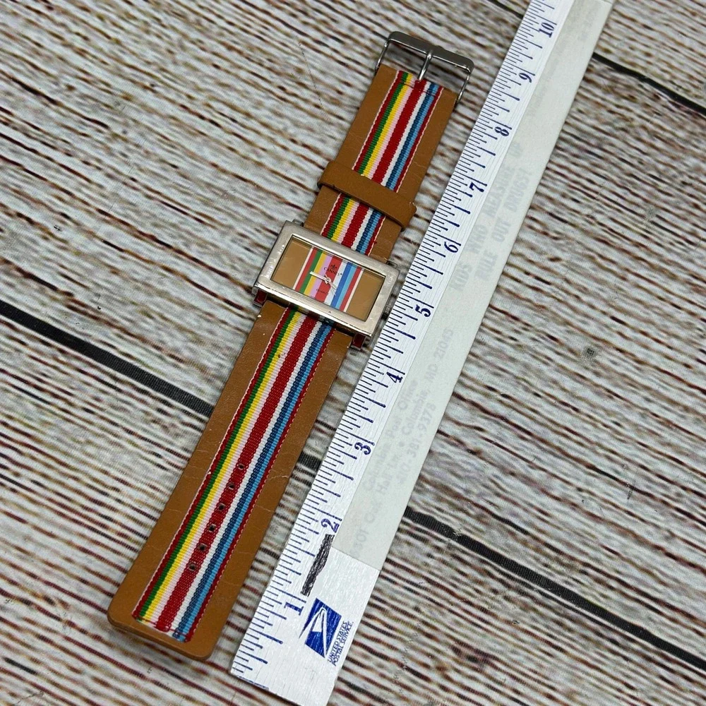 Cannes Quartz Watch Rectangle Silver Tone Rainbow Striped Dial Tan Strap‎ Tested